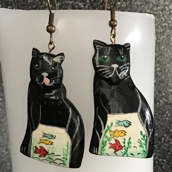 Vintage Cat Earrings Hand Painted Wood Feline Kitty - Picture 2 of 13